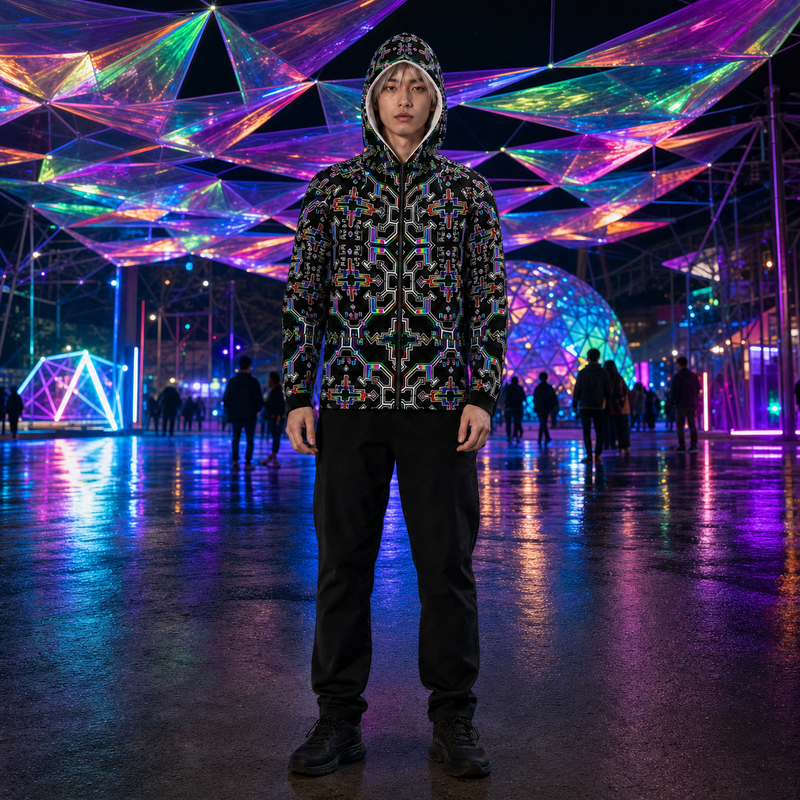 Prismatic Grid Micro Fleece Hoodie — colourful high-contrast lifestyle hero