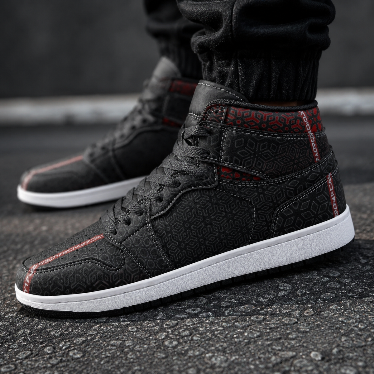 Geometrix Unisex High Top Sneakers, Black Red Geometric Shoes, Futuristic Streetwear, Festival Sneakers, Cyberpunk Alternative Footwear