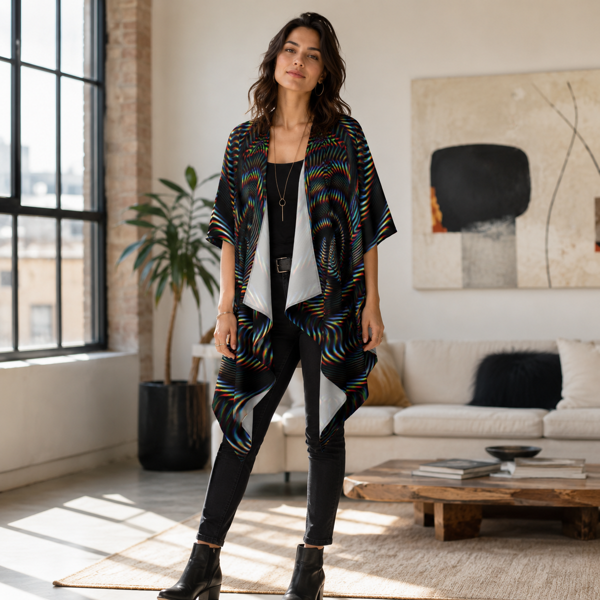 Waveform Draped Kimono, Psychedelic Kimono Robe, Festival Cover Up, Boho Lounge Wear, Abstract Optical Art Kimono, Luxury Resort Wear