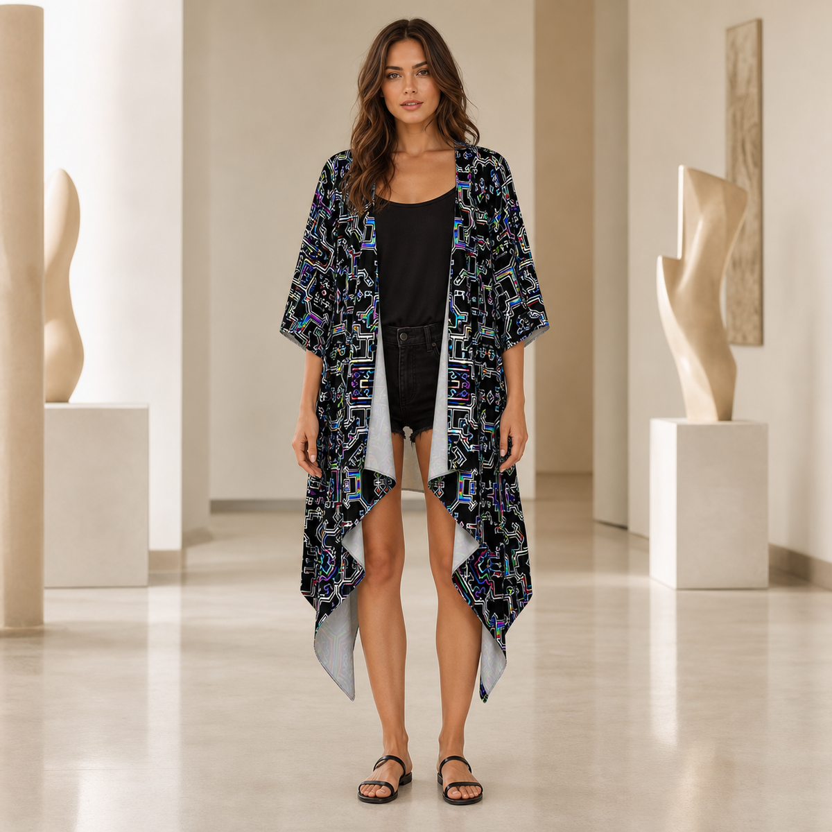 Prismatic Grid Draped Kimono lifestyle front view