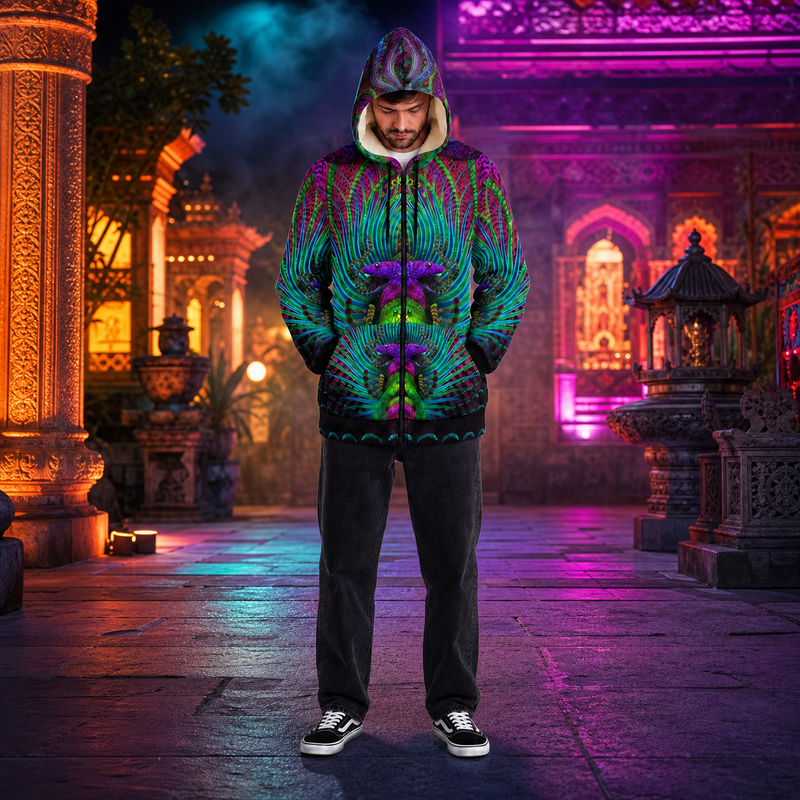 Kundalini Rising Micro Fleece Zip-Up Hoodie — colourful high-contrast lifestyle hero