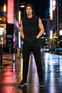 Geometrix, Hooded Tank Top, Sleeveless Festival Wear, Wearable Art — lifestyle view 01 — 01-front-hero