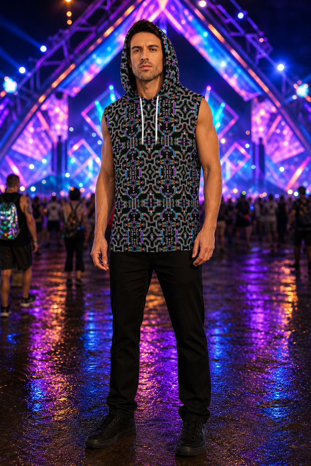 Prismatic Grid Hooded Tank Top — lifestyle view 01 — 01-front-hero