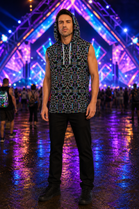 Prismatic Grid Hooded Tank Top — lifestyle view 01 — 01-front-hero