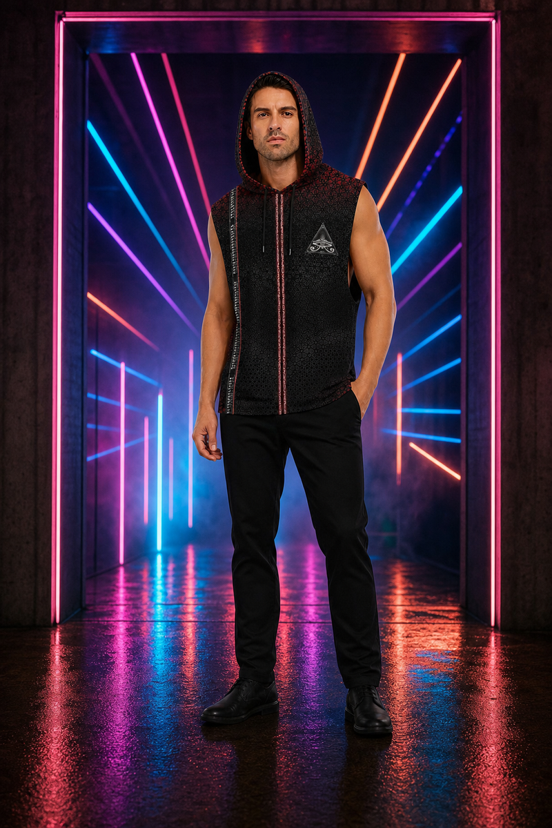 Singular Sight Hooded Tank Top — lifestyle view 01 — 01-front-neon-light-installation