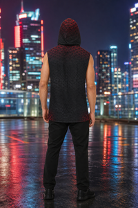 Geometrix, Hooded Tank Top, Sleeveless Festival Wear, Wearable Art — lifestyle view 02 — 02-back-hood-up