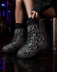 Prismatic Grid Cyberpunk Combat Boots, Unisex Neon Festival Shoes, Techwear Streetwear