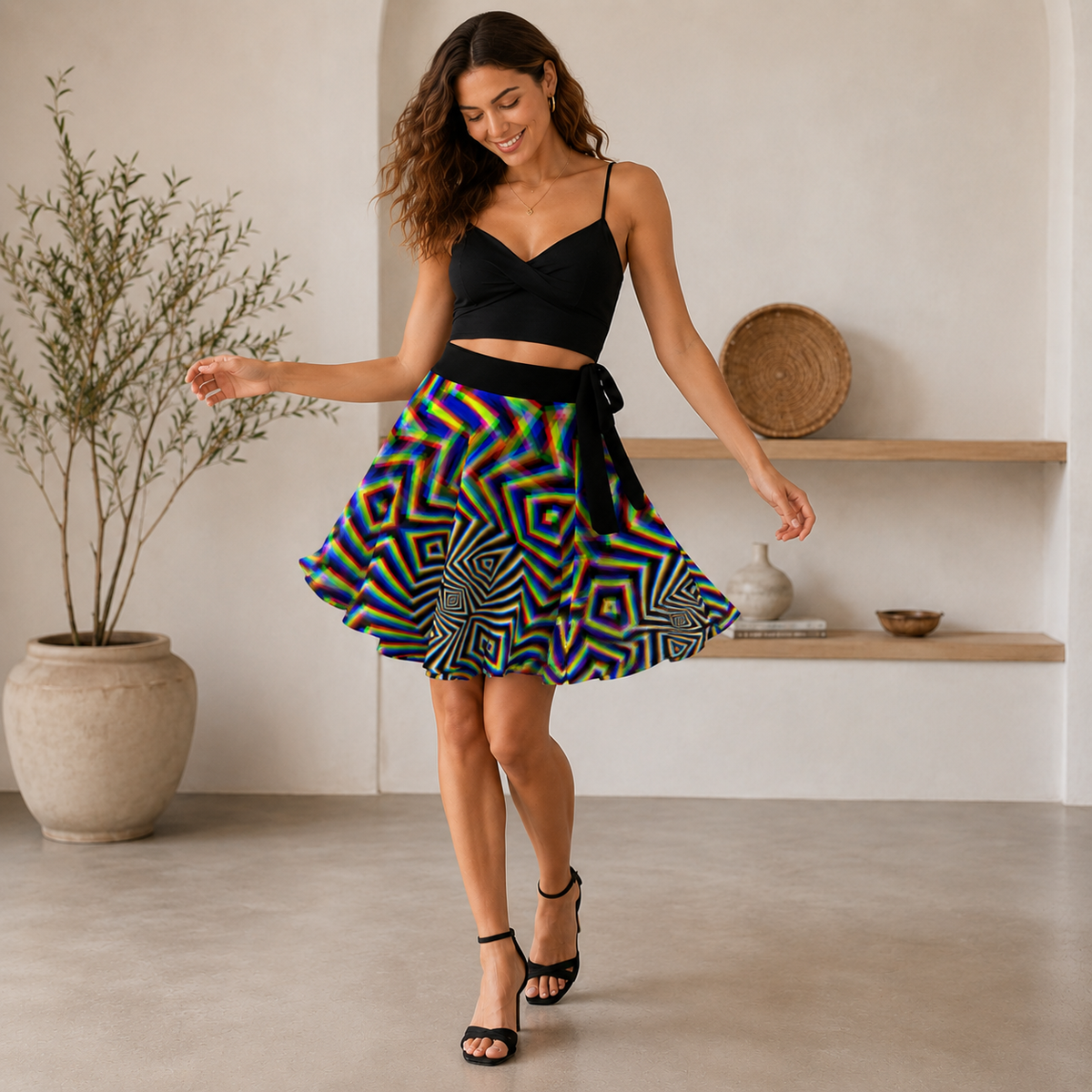 Chromadelic Rainbow Wrap Skirt, Psychedelic Festival Skirt, Neon Optical Art Clothing
