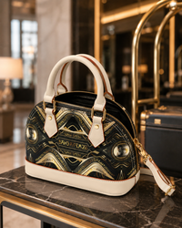 Golden Age Dome Satchel Handbag, Black Gold Luxury Purse, Structured PU Leather Bag, Elegant Top Handle Bag, Occult Art Handbag, Gift for Her