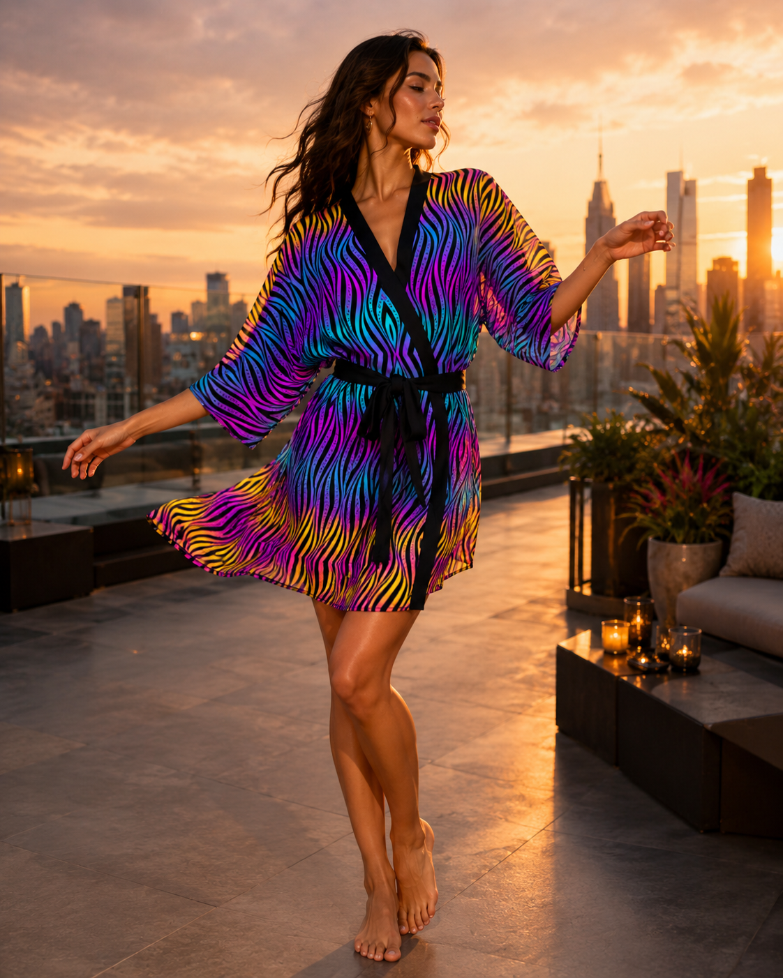 Xenowave Kimono Robe, Psychedelic Festival Kimono, Luxury Art Robe, Neon Zebra Cover Up, Gallery Wear,