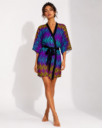 Xenowave Kimono Robe, Psychedelic Festival Kimono, Luxury Art Robe, Neon Zebra Cover Up, Gallery Wear,