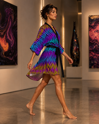 Xenowave Kimono Robe, Psychedelic Festival Kimono, Luxury Art Robe, Neon Zebra Cover Up, Gallery Wear,