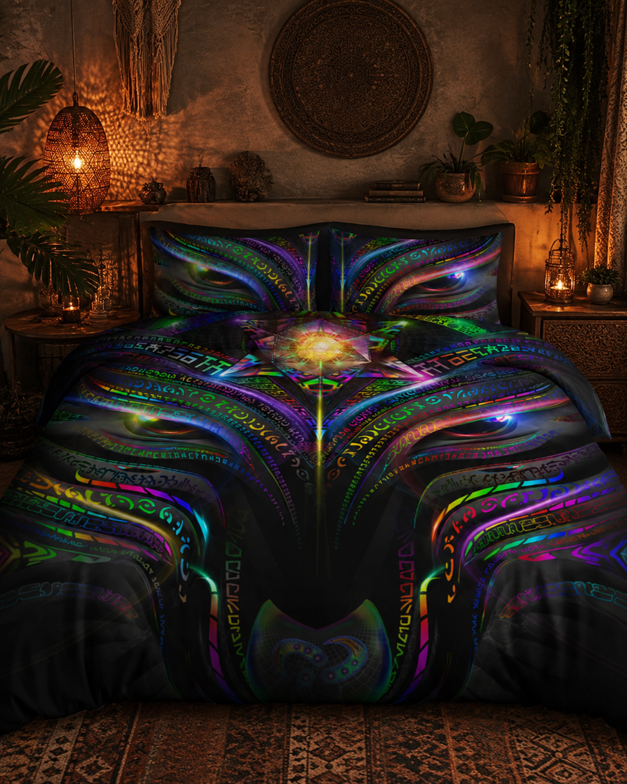 Enchanted Essence Bedding Set, Psychedelic Duvet Cover Set, Rainbow Visionary Art Bedding, Mystical Bedroom Decor, Neon Black Bed Set