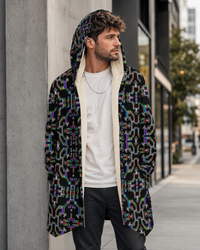 Prismatic Grid Microfleece Cloak, Cyber Mystic Hooded Cloak, Neon Geometric Festival Coat, Cozy Fleece Lined Robe Jacket, Psychedelic Wearable Art