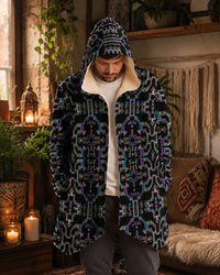 Prismatic Grid Microfleece Cloak, Cyber Mystic Hooded Cloak, Neon Geometric Festival Coat, Cozy Fleece Lined Robe Jacket, Psychedelic Wearable Art