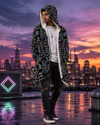 Prismatic Grid Microfleece Cloak, Cyber Mystic Hooded Cloak, Neon Geometric Festival Coat, Cozy Fleece Lined Robe Jacket, Psychedelic Wearable Art