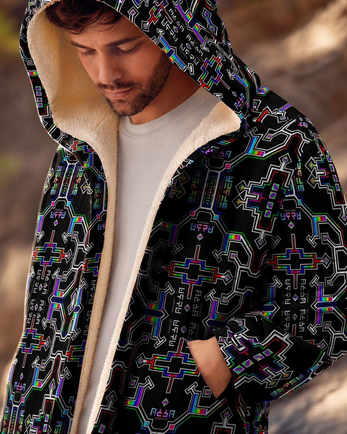 Prismatic Grid Microfleece Cloak, Cyber Mystic Hooded Cloak, Neon Geometric Festival Coat, Cozy Fleece Lined Robe Jacket, Psychedelic Wearable Art