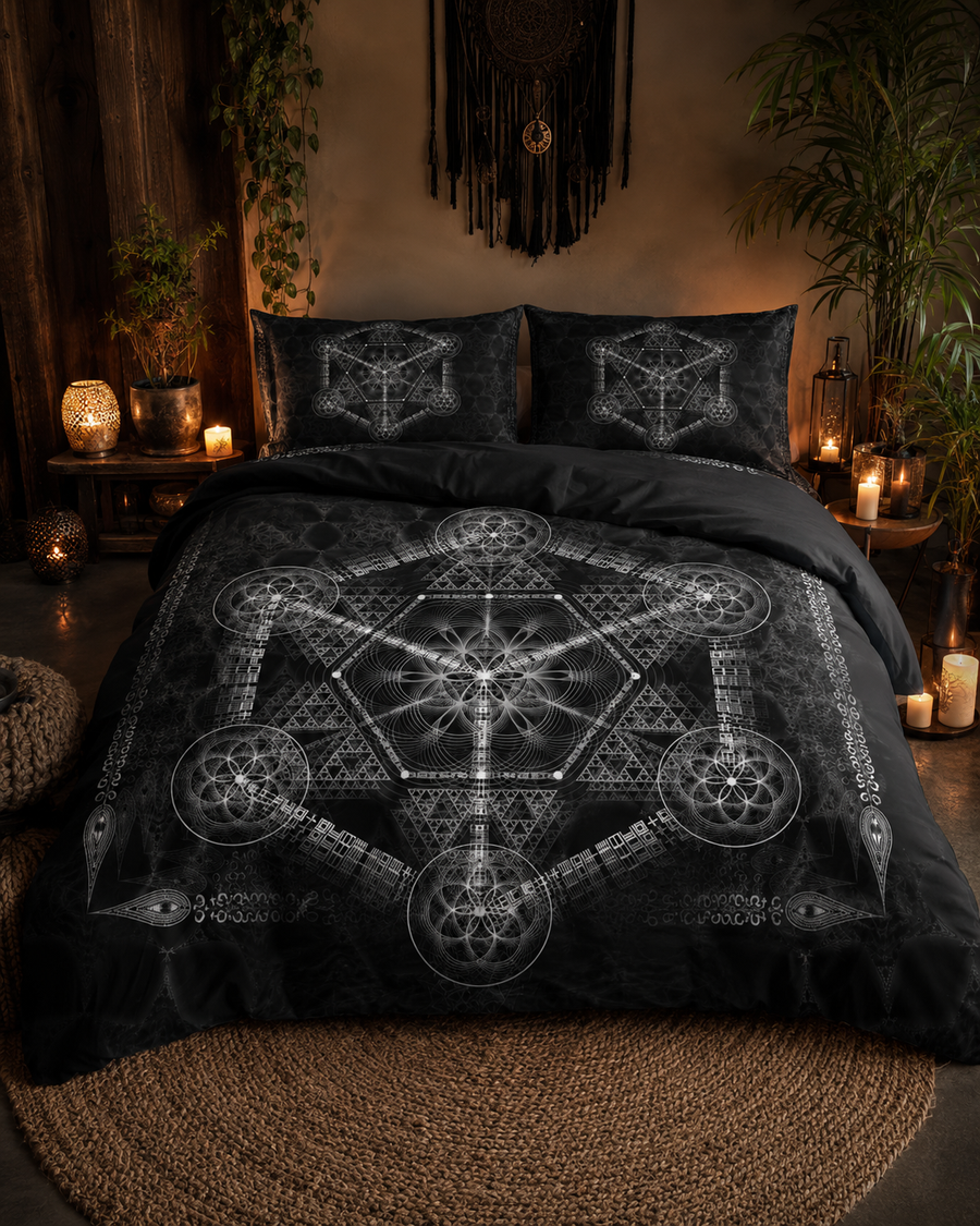 Higher Order Bedding Set, Sacred Geometry Duvet Cover, Black White Occult Bedding, Metatron Cube Bedroom Decor, Mystical Bed Set