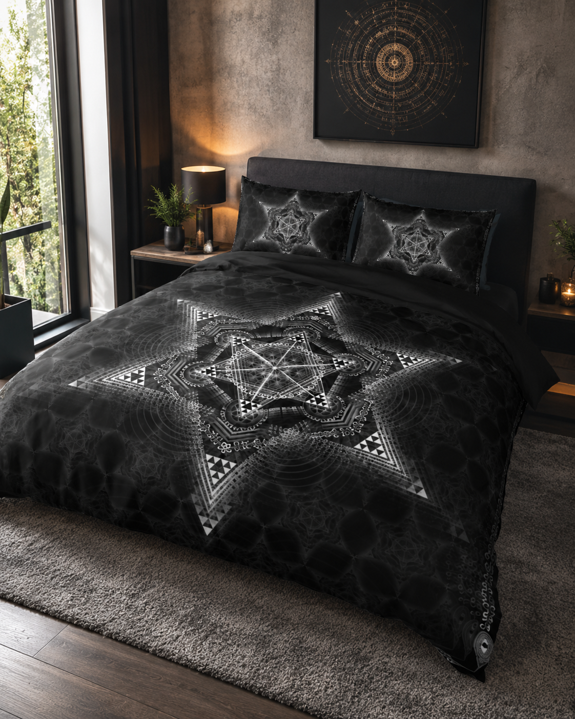 Morningstar Bedding Set, Black Sacred Geometry Duvet Cover Set, Gothic Celestial Bedding, Occult Bedroom Decor, Mystical Star Bed Set