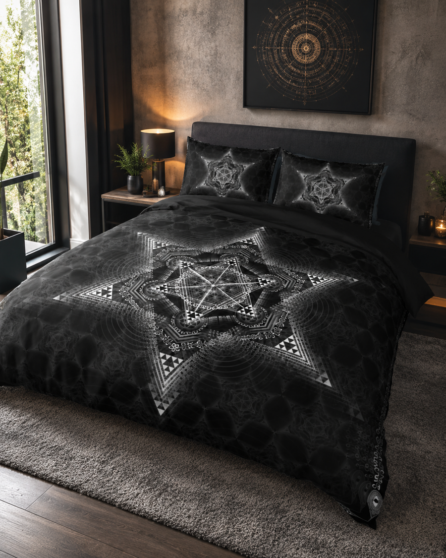 Morningstar Bedding Set, Black Sacred Geometry Duvet Cover Set, Gothic Celestial Bedding, Occult Bedroom Decor, Mystical Star Bed Set