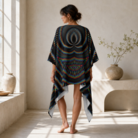 Waveform Draped Kimono, Psychedelic Kimono Robe, Festival Cover Up, Boho Lounge Wear, Abstract Optical Art Kimono, Luxury Resort Wear