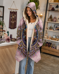 Svadhisthana Micro Fleece Cloak, Hooded Wearable Art, Psychedelic Festival Layer — wearer-right three-quarter — hood lowered