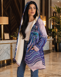 Vishuddha Throat Chakra Micro Fleece Cloak, Hooded Wearable Art, Psychedelic Festival Layer — wearer-right three-quarter — hood lowered