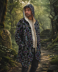 Prismatic Grid Microfleece Cloak, Cyber Mystic Hooded Cloak, Neon Geometric Festival Coat, Cozy Fleece Lined Robe Jacket, Psychedelic Wearable Art
