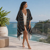 Waveform Draped Kimono, Psychedelic Kimono Robe, Festival Cover Up, Boho Lounge Wear, Abstract Optical Art Kimono, Luxury Resort Wear